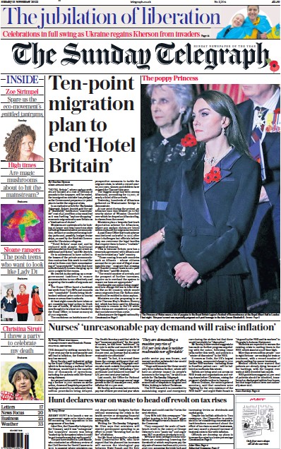 The Sunday Telegraph Newspaper Front Page (UK) for 13 November 2022