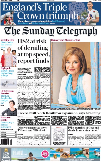The Sunday Telegraph Newspaper Front Page (UK) for 13 March 2016
