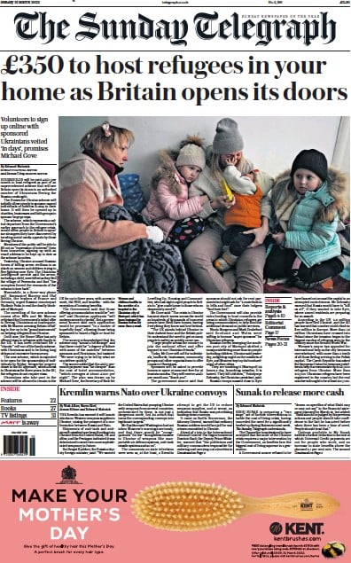 The Sunday Telegraph Newspaper Front Page (UK) for 13 March 2022
