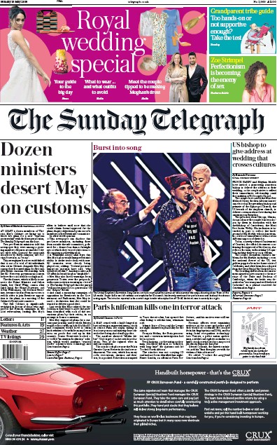 The Sunday Telegraph Newspaper Front Page (UK) for 13 May 2018