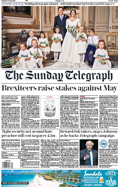 The Sunday Telegraph Newspaper Front Page (UK) for 14 October 2018