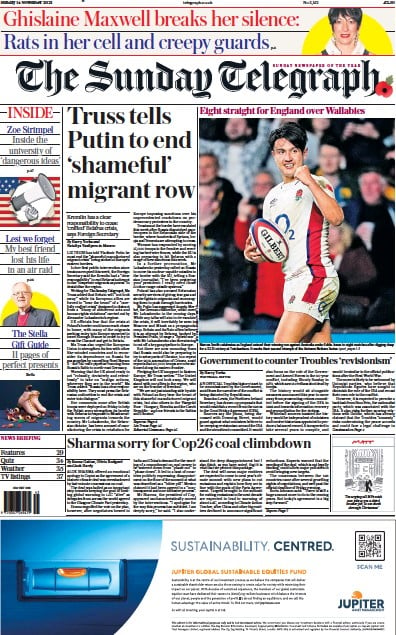 The Sunday Telegraph Newspaper Front Page (UK) for 14 November 2021
