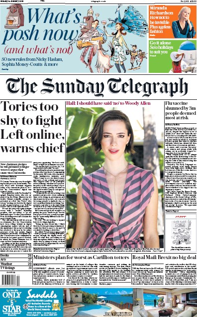 The Sunday Telegraph Newspaper Front Page (UK) for 14 January 2018