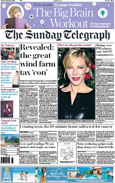 The Sunday Telegraph Newspaper Front Page (UK) for 14 February 2016