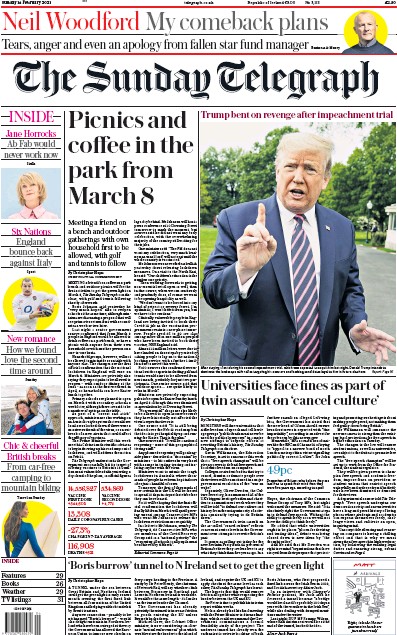 The Sunday Telegraph Newspaper Front Page (UK) for 14 February 2021