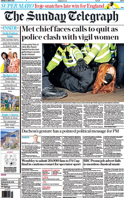 The Sunday Telegraph Newspaper Front Page (UK) for 14 March 2021