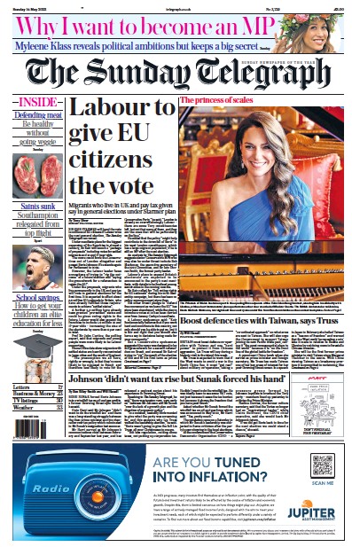 The Sunday Telegraph Newspaper Front Page (UK) for 14 May 2023