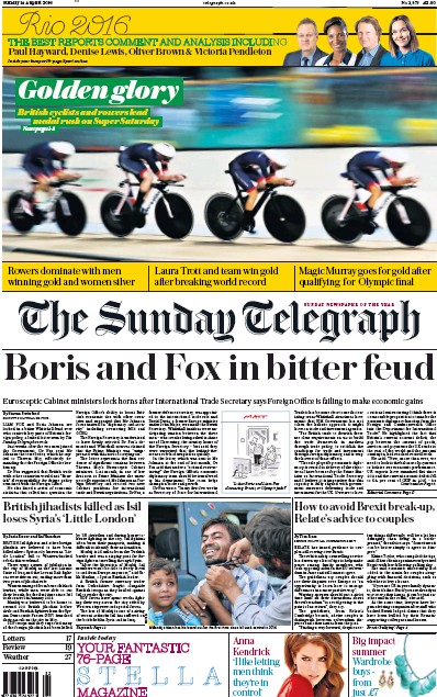 The Sunday Telegraph Newspaper Front Page (UK) for 14 August 2016