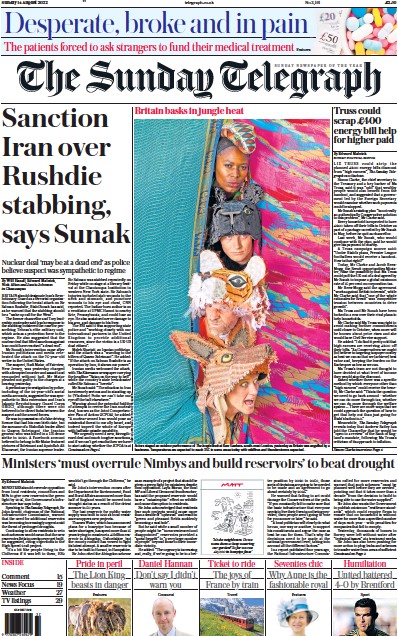 The Sunday Telegraph Newspaper Front Page (UK) for 14 August 2022