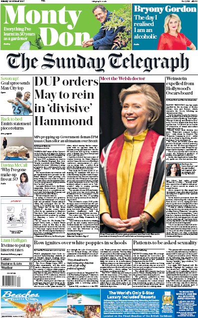 The Sunday Telegraph Newspaper Front Page (UK) for 15 October 2017