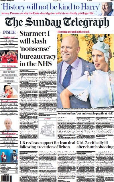 The Sunday Telegraph Newspaper Front Page (UK) for 15 January 2023