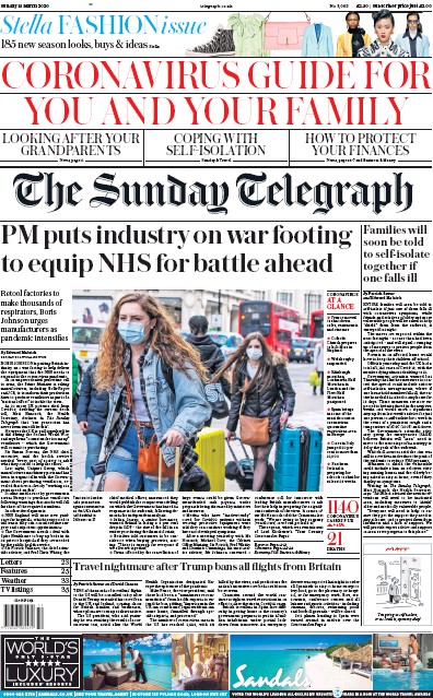 The Sunday Telegraph Newspaper Front Page (UK) for 15 March 2020