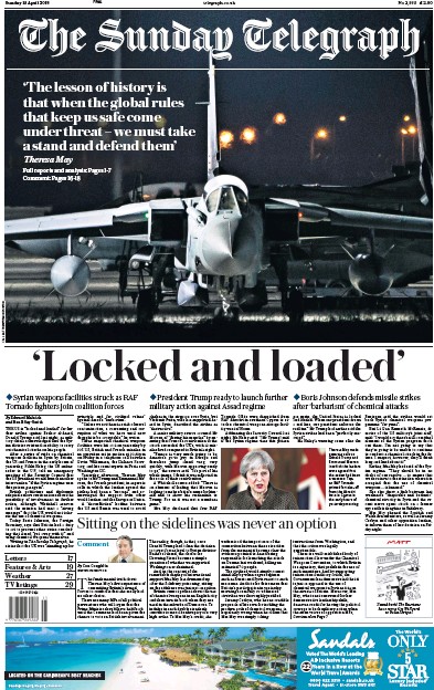 The Sunday Telegraph Newspaper Front Page (UK) for 15 April 2018