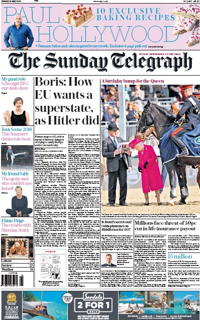 The Sunday Telegraph Newspaper Front Page (UK) for 15 May 2016