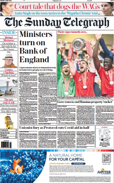 The Sunday Telegraph Newspaper Front Page (UK) for 15 May 2022
