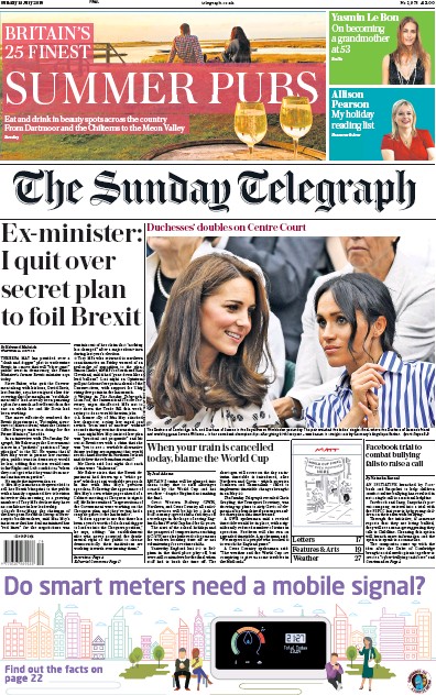 The Sunday Telegraph Newspaper Front Page (UK) for 15 July 2018