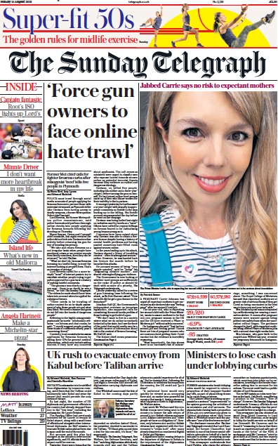 The Sunday Telegraph Newspaper Front Page (UK) for 15 August 2021