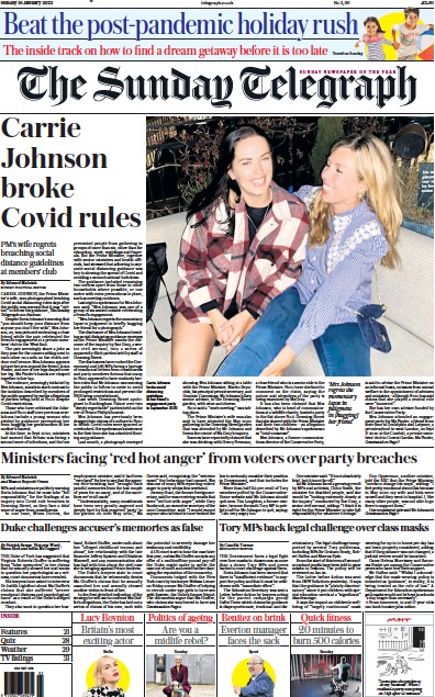 The Sunday Telegraph Newspaper Front Page (UK) for 16 January 2022