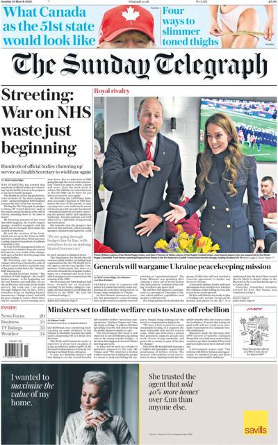 The Sunday Telegraph Newspaper Front Page (UK) for 16 March 2025
