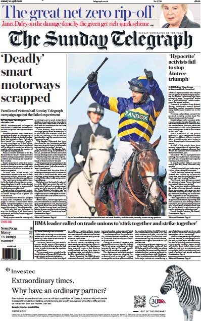 The Sunday Telegraph Newspaper Front Page (UK) for 16 April 2023