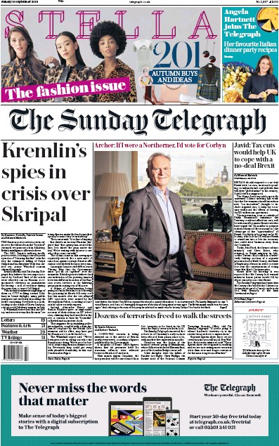 The Sunday Telegraph Newspaper Front Page (UK) for 16 September 2018