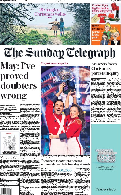The Sunday Telegraph Newspaper Front Page (UK) for 17 December 2017