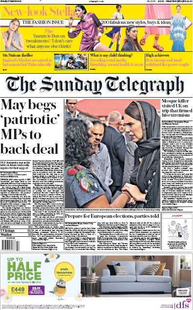 The Sunday Telegraph Newspaper Front Page (UK) for 17 March 2019