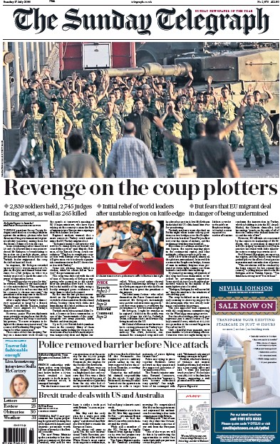 The Sunday Telegraph Newspaper Front Page (UK) for 17 July 2016