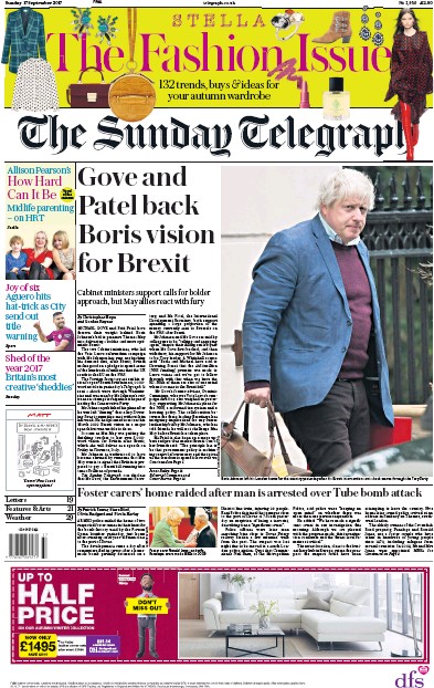 The Sunday Telegraph Newspaper Front Page (UK) for 17 September 2017