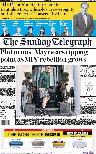 The Sunday Telegraph Newspaper Front Page (UK) for 18 November 2018