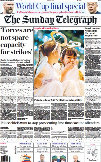The Sunday Telegraph Newspaper Front Page (UK) for 18 December 2022