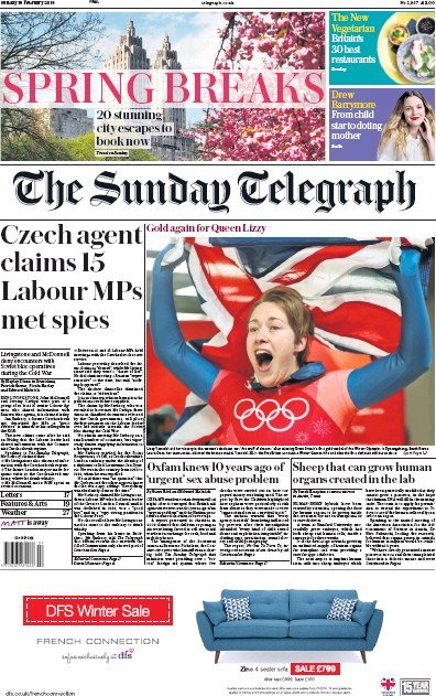 The Sunday Telegraph Newspaper Front Page (UK) for 18 February 2018