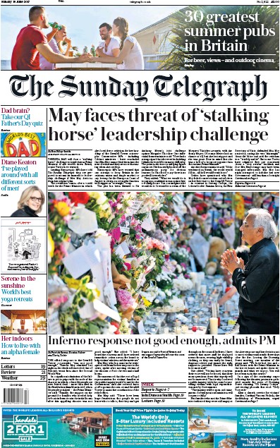 The Sunday Telegraph Newspaper Front Page (UK) for 18 June 2017