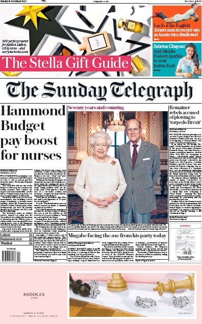 The Sunday Telegraph Newspaper Front Page (UK) for 19 November 2017