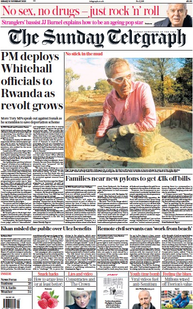 The Sunday Telegraph Newspaper Front Page (UK) for 19 November 2023
