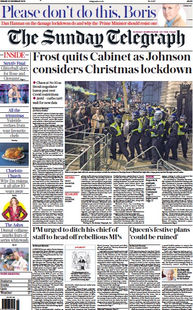 The Sunday Telegraph Newspaper Front Page (UK) for 19 December 2021