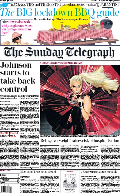 The Sunday Telegraph Newspaper Front Page (UK) for 19 April 2020