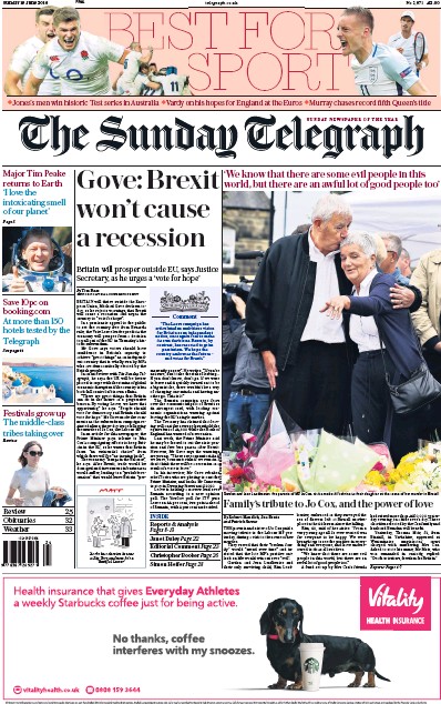 The Sunday Telegraph Newspaper Front Page (UK) for 19 June 2016