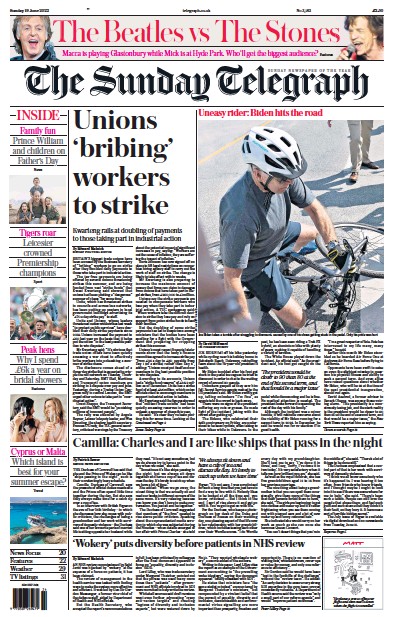 The Sunday Telegraph Newspaper Front Page (UK) for 19 June 2022