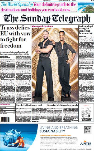 The Sunday Telegraph Newspaper Front Page (UK) for 19 September 2021