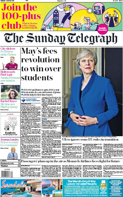The Sunday Telegraph Newspaper Front Page (UK) for 1 October 2017