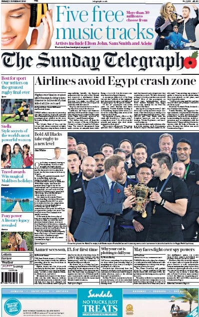 The Sunday Telegraph Newspaper Front Page (UK) for 1 November 2015
