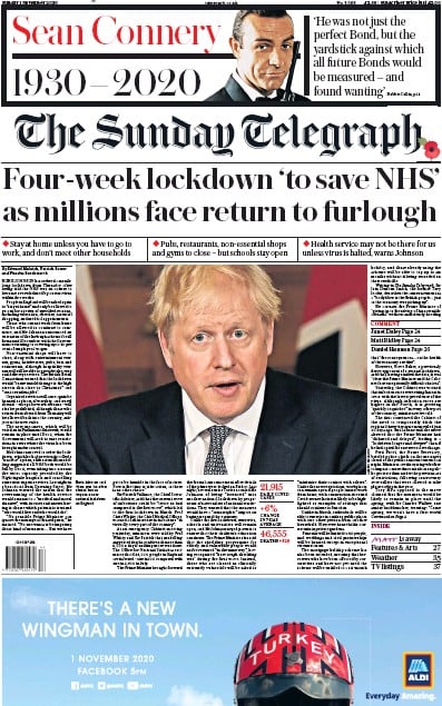 The Sunday Telegraph Newspaper Front Page (UK) for 1 November 2020