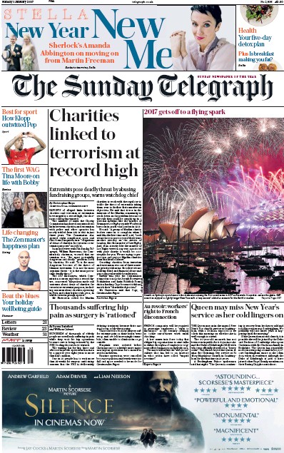 The Sunday Telegraph Newspaper Front Page (UK) for 1 January 2017