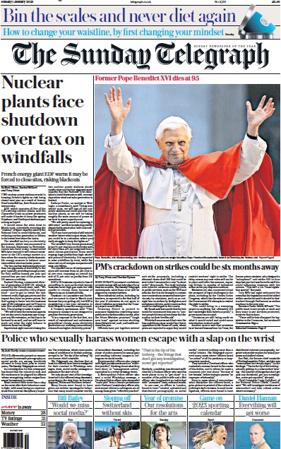The Sunday Telegraph Newspaper Front Page (UK) for 1 January 2023