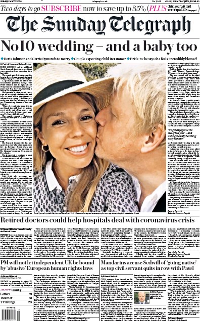 The Sunday Telegraph Newspaper Front Page (UK) for 1 March 2020