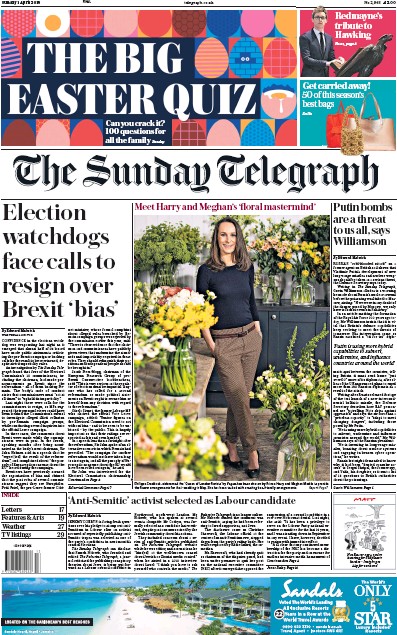 The Sunday Telegraph Newspaper Front Page (UK) for 1 April 2018