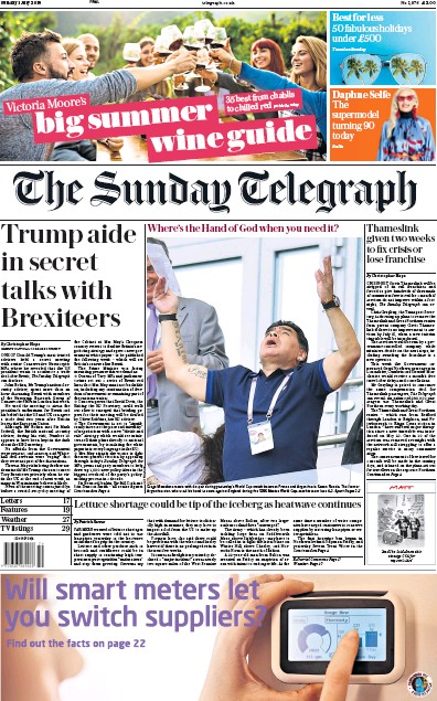The Sunday Telegraph Newspaper Front Page (UK) for 1 July 2018