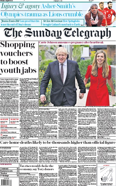 The Sunday Telegraph Newspaper Front Page (UK) for 1 August 2021