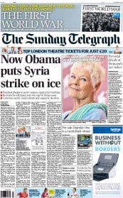 The Sunday Telegraph Newspaper Front Page (UK) for 1 September 2013